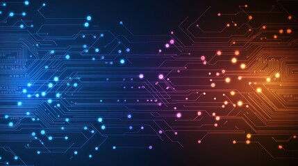Abstract digital technology background with glowing circuit board lines and nodes in blue and orange.