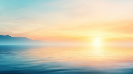 Obraz premium A serene twilight scene captures gentle waves reflecting soft hues of orange and blue from a tranquil sunset over distant mountains, Ideal for nature-themed projects, meditation, or relaxation,