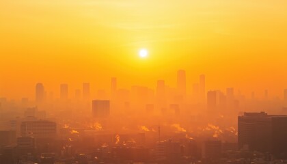 Fototapeta premium Polluted Urban Skyline: A Morning Scene Of Orange Haze And Toxic Dust, Creating Unhealthy Living Conditions In The City.