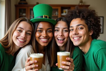 A Group of Happy Young Adults Celebrating St. Patrick's Day in Green Attire, Smiling While Holding Beers in Colorful Indoor Setting