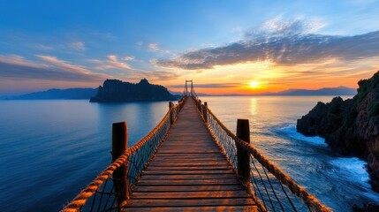 Obraz premium Wooden Bridge Over Water at Sunrise, Islands in Background