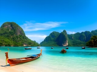 Obraz premium Idyllic Tropical Beach Landscape Longtail Boat on Turquoise Waters, Lush Green Mountains, Clear Blue Sky - Perfect for Travel and Vacation Concepts