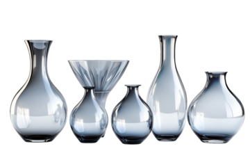 Elegant collection of glass vases arranged in various shapes and sizes on a plain background