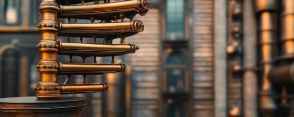 Close-up view of intricate mechanical pipes, showcasing industrial design and vintage engineering in warm lighting.
