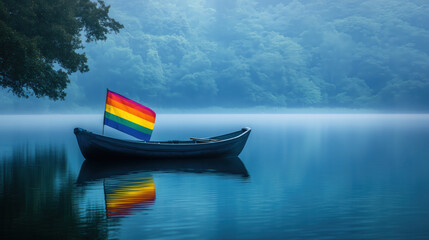Tranquil Lakeside View of an LGBTQI Flag on a Small Boat, Symbolizing Peaceful Journeys and Freedom of Expression