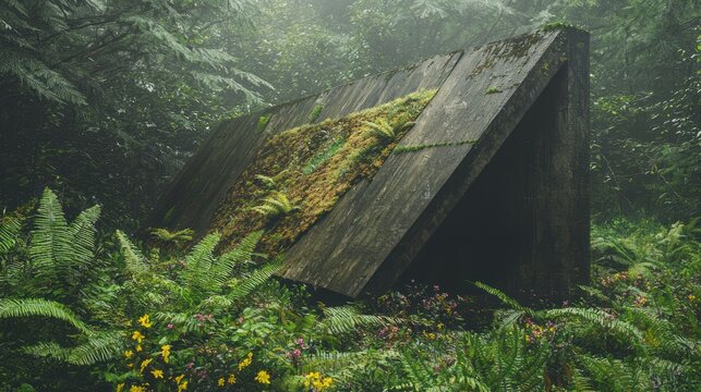 Mossy lean-to shelter in misty forest.