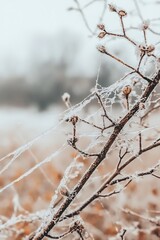 Intricate frost on delicate branches with spiderweb near a field