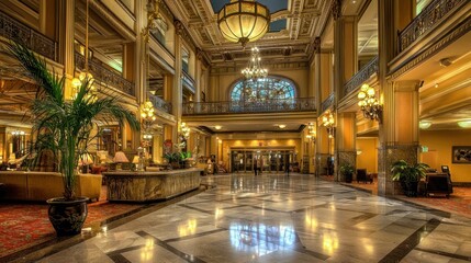Obraz premium Grand hotel lobby with marble floor, ornate columns, and a large chandelier.