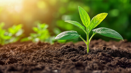 Fototapeta premium Green Vibrant Plant Growing in Dark Soil, Symbolizing Growth and Environmental Sustainability