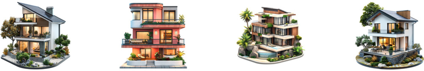 Modern house on transparent background collection set