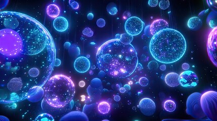 Abstract spheres, vibrant colors, dark background, digital art