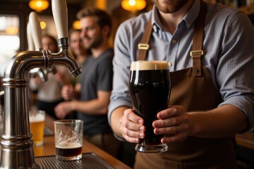 A Young Adult Male Bartender Enthusiastically Pours a Dark Stout Beer into a Glass at a Cozy Bar with Patrons Socializing in the Background