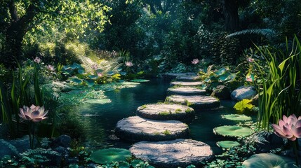 Serene stone path across a tranquil pond in a lush, mystical forest.