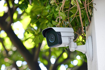 High-tech outdoor security camera with motion sensor installed above entrance in natural lighting