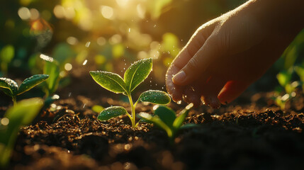 Fototapeta premium Gentle hand watering a delicate green sprout in soft golden sunlight with blurred lush greenery in the background