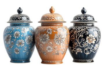 Colorful decorative urns with floral designs displayed on a white background