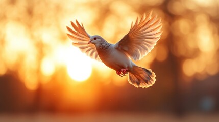 Naklejka premium White dove in flight at golden sunset (1)
