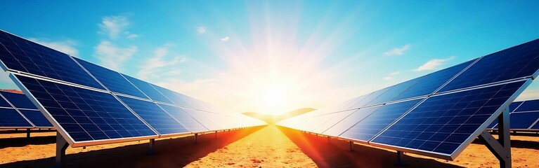 rows of solar panels in the desert  banner