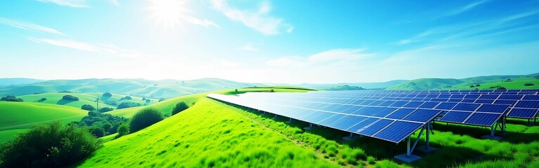 solar panels in green fields sunny day banner 