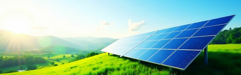solar panels in green fields sunny day banner 