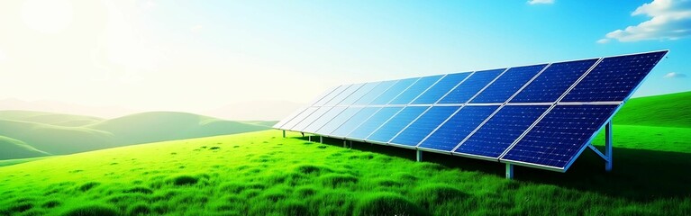 solar panels in green fields sunny day banner 