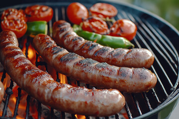 Grilling sausages and vegetables over a charcoal fire at a summer barbecue gathering