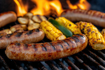Grilling sausages and corn on the barbecue during summer evening gathering