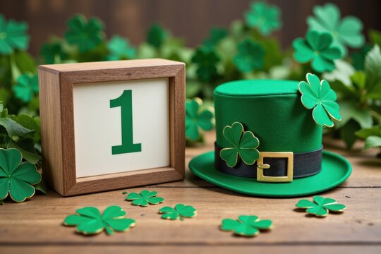 A Festive Green Leprechaun Hat with Small Shamrock Decorations and a Wooden Block Marking the Number One, Surrounded by Shamrock Leaves for St. Patrick's Day Celebrations
