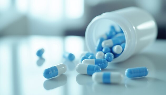 Focused On Blue-White Capsule Pill Falling Onto A White Table, Highlighting Antibiotic Drug Use And Resistance In The Pharmaceutical Industry And Antimicrobial Drug Market.