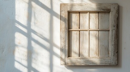 Obraz premium Rustic wooden window frame on a textured wall with sunlight shadows.