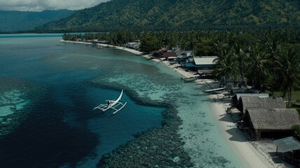 Boat floats on tropical coast with huts and green mountains in the background, for travel ad