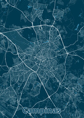 This is a detailed map of Campinas, Brazil, rendered in a minimalist style. The map features a dark teal background with white lines representing roads, streets, and waterways.