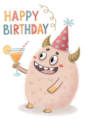 Fototapeta premium cartoon fluffy monster in party hat with cocktail, happy birthday greeting card