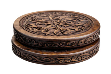 Intricate handcrafted wooden coasters showcasing detailed carvings and patterns, perfect for home decor and table protection