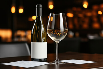 Elegant wine bottle and glass set on a wooden table in an upscale restaurant at night
