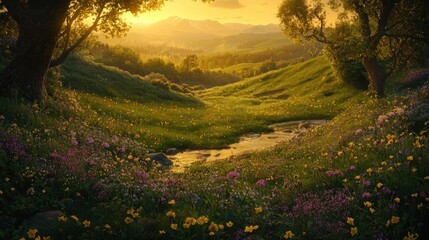 Obraz premium Idyllic sunset over vibrant wildflowers and stream in rolling hills.