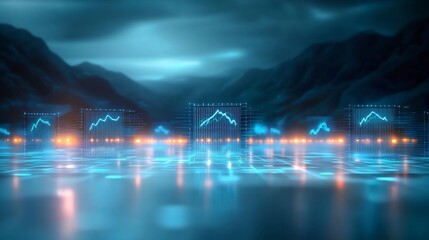Futuristic cityscape with digital graphs displayed on blocks, illuminating a network of glowing lines across a reflective surface in front of dark mountains, under a stormy sky.