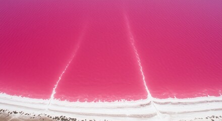Aerial view of pink lake with white shoreline