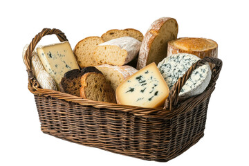 Selection of artisanal breads and cheeses in a woven basket ready for a gourmet picnic gathering