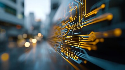 Futuristic cityscape with glowing circuit board overlay.