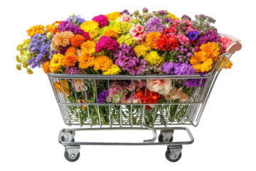 Colorful arrangement of flowers in a shopping cart at a market showcasing spring freshness