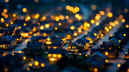Night scene miniature houses illuminated, creating warm glow, showcasing suburban development, ideal for real estate or community concepts
