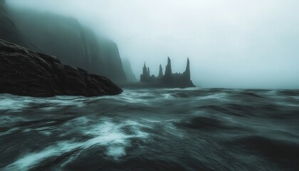 Dark Moody Ocean Scene with Foggy Cliffs and Rocky Formations