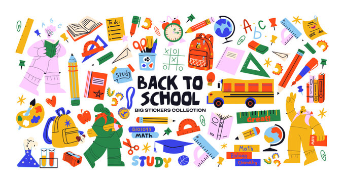 Set cartoon back to school stickers in the 90s style. Retro elements, office, study. Groovy characters students, school supplies, lessons, university. Trendy bright vector set