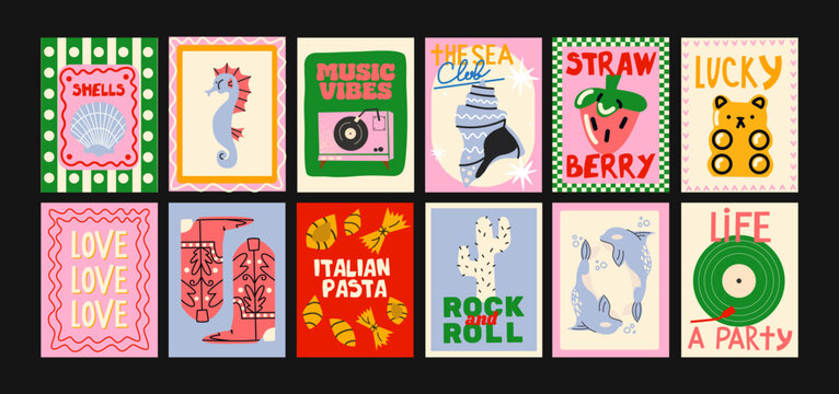 Abstract bright posters in minimalist style. Wall decor, trendy banners of summer, fruits, plants, cocktails in the cartoon style of Matisse. Decor of wallpaper, walls, print and postcards