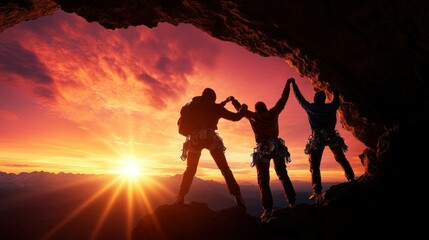 Climbers celebrate summit sunrise in mountain cave