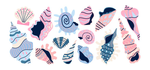 Sea seashells, beach inhabitants, crab, mollusks, corals, ocean exotic starfish. Vector retro cartoon nautical pattern. Modern trendy flat illustration