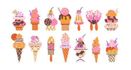 Ice cream set. Cartoon sweets different types of ice cream: cones and popsicles.Groovy doodle retro 90s illustration dessert, summer, and sweet treat concept