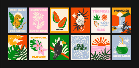 Tropical jungle posters with exotic animals and plants in cartoon style.  Wall decor, trendy banners of wildlife, tropical foliage, cocktails, animals. Decor of wallpaper, walls, print and postcard