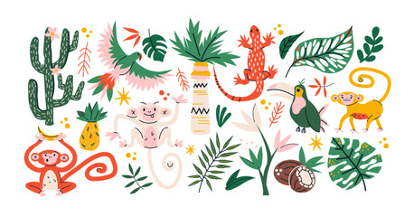 Stickers exotic tropical leaves, tigers, leopards and wild animals, birds, jungle plants, palm trees, monstera leaves and flowers. Set of vector jungle stickers in cartoon retro style © Limpreom